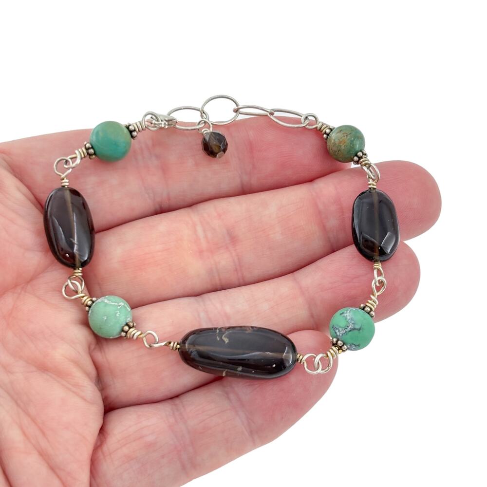Vintage Sterling Silver 925 Turquoise Smoky Quartz Bracelet 7.5"-8.5"